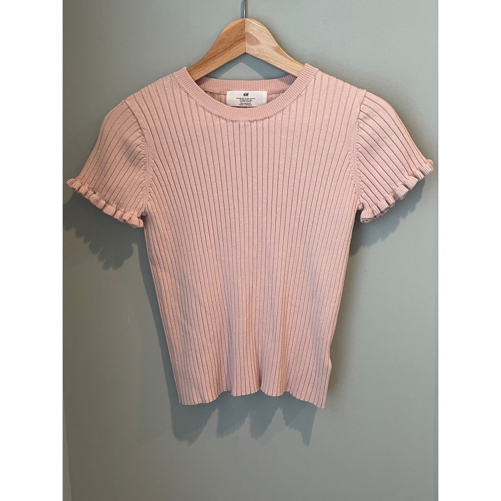 HM Pink Ribbed Knit Short Sleeve Ruffle Trim Top US 8/10‎ Girls 765711